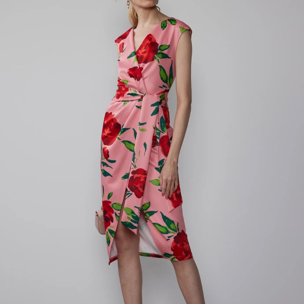 NWT New York & Company Pink Floral Asymmetrical Wrap Midi Sheath Dress sz XL